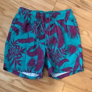 Mens swim trunks with Hawaiian Palm leave print with elastic waist and liner